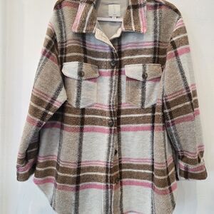 Joie Pink Brown Cream Plaid Button-Down Shacket